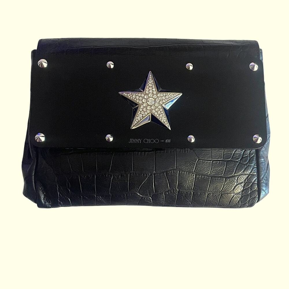 Jimmy Choo x H&M Leather Clutch Womens Black with Rhinestone Star Handbag